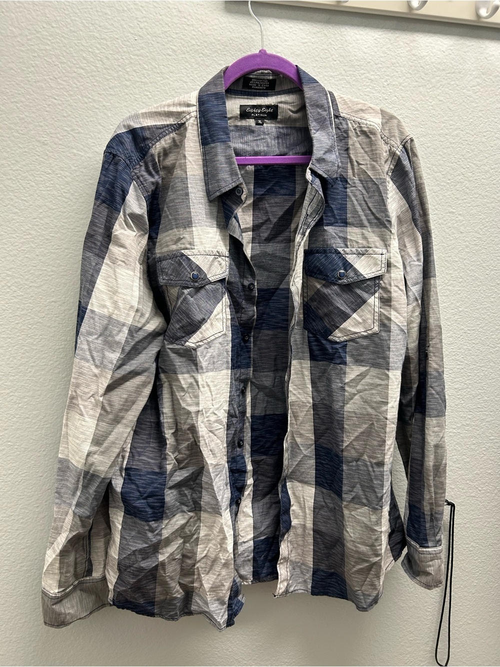 Eighty Eight Men's Navy and Gray Striped Plaid Shirt